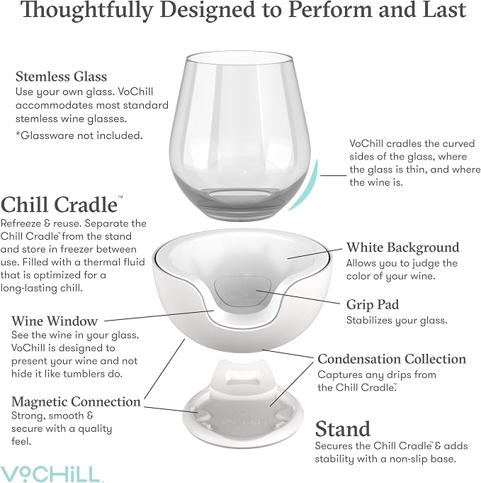 VoChill Stemless Wine Glass Chiller | Keep the Chill In Your Glass | Made In USA | Separable & Refreezable Chill Cradle | Actively Chills Stemless Glassware | Sand, Single Stemless