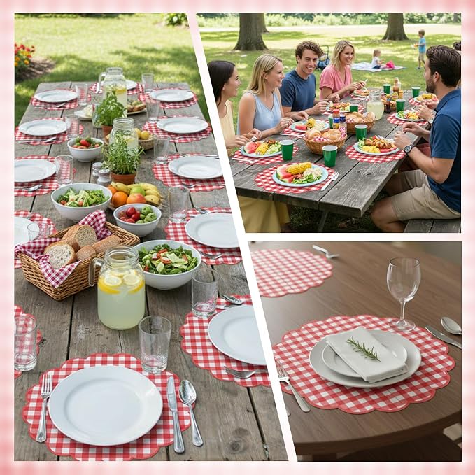 60 Pcs Red and White Gingham Paper Placemats, Scalloped Checkered Place Mat | 13.5 Inch Disposable Picnic Placemats Decorative Paper for Table Setting BBQ Baby Shower Wedding Bridal Banquet Tea Party