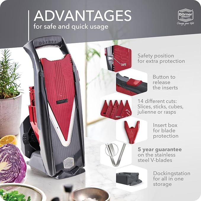 Börner Mandoline Slicer Vital (Profi Set) • Vegetable Slicer with Stainless Steel V-Blade & Dressing Function • 12 Cutting Styles • For Slices, Zoodles, Strips, & Dices in Various Thicknesses