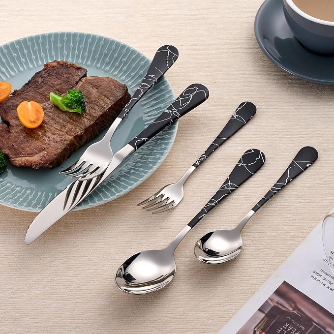 20-Piece Black crack Silverware Set 18/0 Stainless Steel Silverware Set Black crack Handle Cutlery Set Service for 4 Dinner Knives Forks Spoons Set Flatware Set Finish Dishwasher Safe