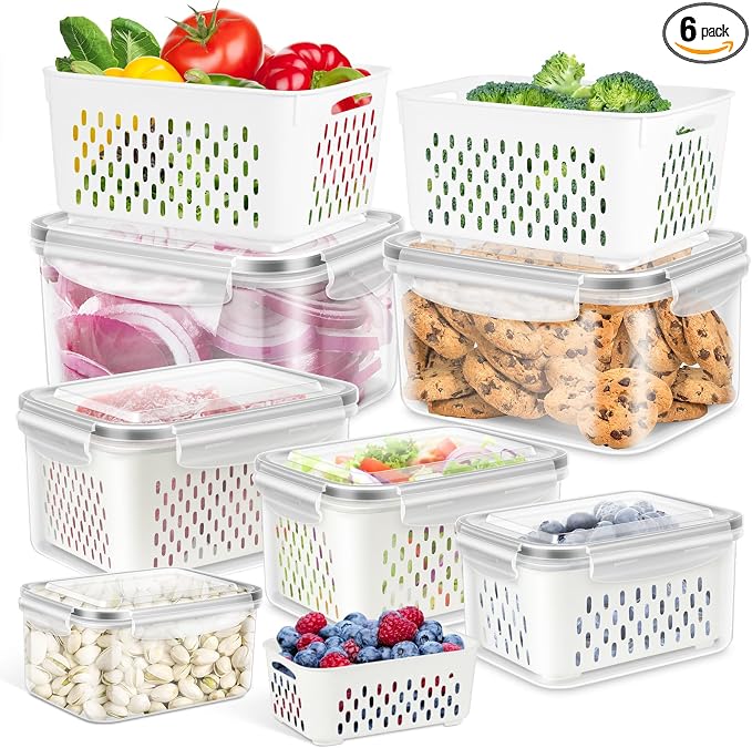 6 Pack Fruit Storage Containers for Fridge Berry Keeper Produce Saver | Airtight Food Container Set with Colander Lettuce Veggie Keep Fresh BPA Free Refrigerator Organizer Freezer Dishwasher Safe