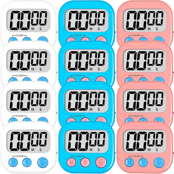 ZILLEEN Digital Kitchen Classroom Timers for Kids Cooking 12pcs Wht Blu Pk | Strong Magnetic, Large Screen, Big Button, Count Up/Down, Loud Alarm, Teacher Classroom Must Haves Supplies