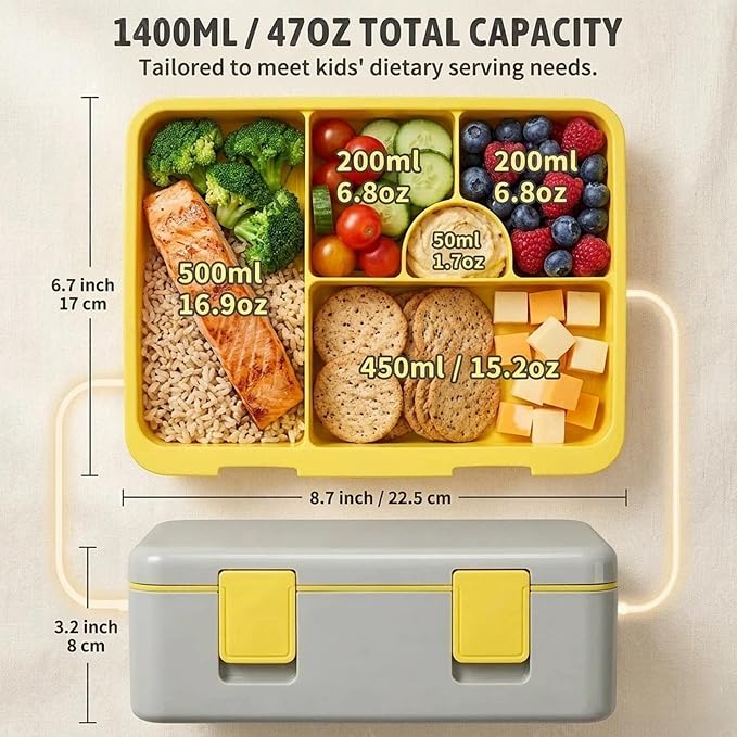 rockpapa Chill Bento Box for Kids- Large 5.5 Cups Lunch Box with Ice Pack - 5 Compartments, BPA-Free, Leak Proof, with Utensils & Portable Handle, Microwave/Dishwasher Safe (Grey Constr Trucks)