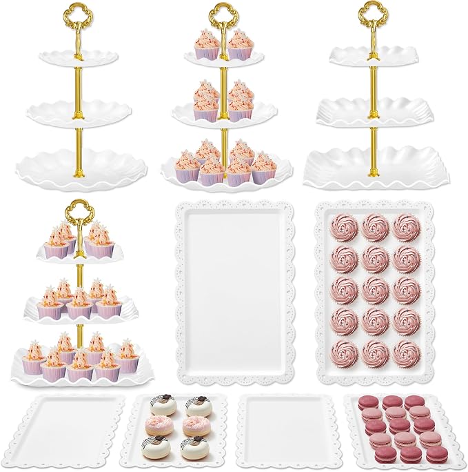 Kootek 10pcs Cupcake Stand Dessert Table Display Set Serving Tray for Party | 3-Tier Cupcake Stand, 6 Rectangular Trays, Hold 128 Standard Cupcakes, Cookie Display, BPA-Free, No Tools Required, Hand Wash