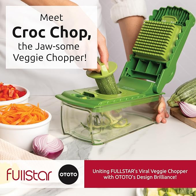 Fullstar X OTOTO Croc Chop - Vegetable Chopper & Spiralizer | 4 in 1 Veggie Chopper & Spiralizer - Stainless Steel Blades & 5-Cup Container - Cool Kitchen Gadget Crocodile Design