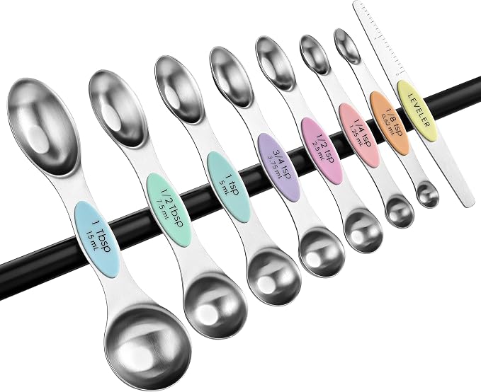Spring Chef Stainless Steel Magnetic Measuring Spoons Set of 8, Pastel | Dual Sided Metal Teaspoon & Tablespoon Measuring Spoons with Leveler for Dry & Liquid Ingredients, Fits in Kitchen Spice Jars
