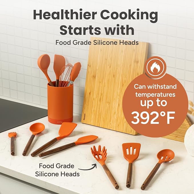 SMIRLY Silicone Kitchen Utensils Set, 22-Piece Acacia Wood Handle, Orange | Cooking Utensils Set, Spatula Set with Utensils Holder, for Nonstick Cookware, for New Home & 1st Apartmen, BPA Free