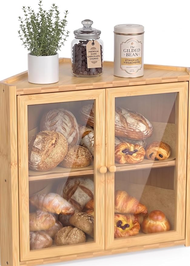 Corner Bread Box for Kitchen Countertop, Double Layer Bamboo Bread Bin with Clear Windows and Double Doors, Wooden Bread Storage Container for Bread, Snacks, Natural