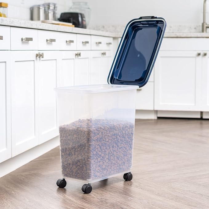IRIS USA Dog Food Storage Container, Up to 40 lbs, Navy, Made in USA | Wheels for Mobility, Airtight Seal, BPA-Free, Best for Bird Seed, Cat food, Cat Litter, Chicken Feed, Pellets