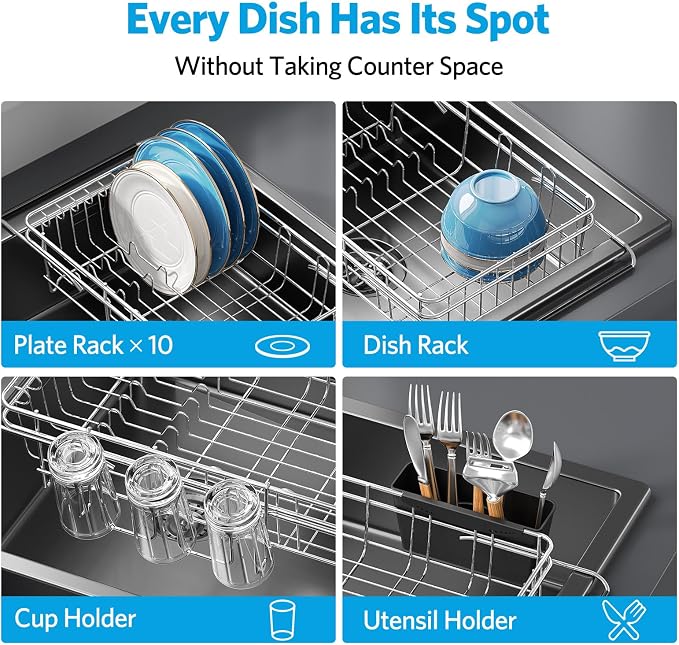 Delamu Over The Sink Dish Drying Rack for Small Kitchen | Expandable Stainless Steel Dish Rack in Sink, Dish Drainers for Kitchen Sink with Cup & Utensil Holder, Rustproof, Small