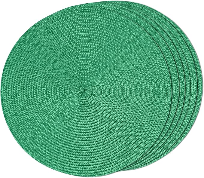 FunWheat Round Braided Placemats Set of 6 Table Mats for Dining Tables Woven Washable Non-Slip Place mats 15 inch(Holly Green, 6pcs)