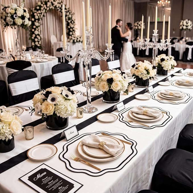 6 Pcs Black and White Wedding Placemats Scalloped Embroidered Cotton Linen Placemats 17" x 13" Double Layered Machine Washable Table Place Mat for Party Table Decor (Cotton)