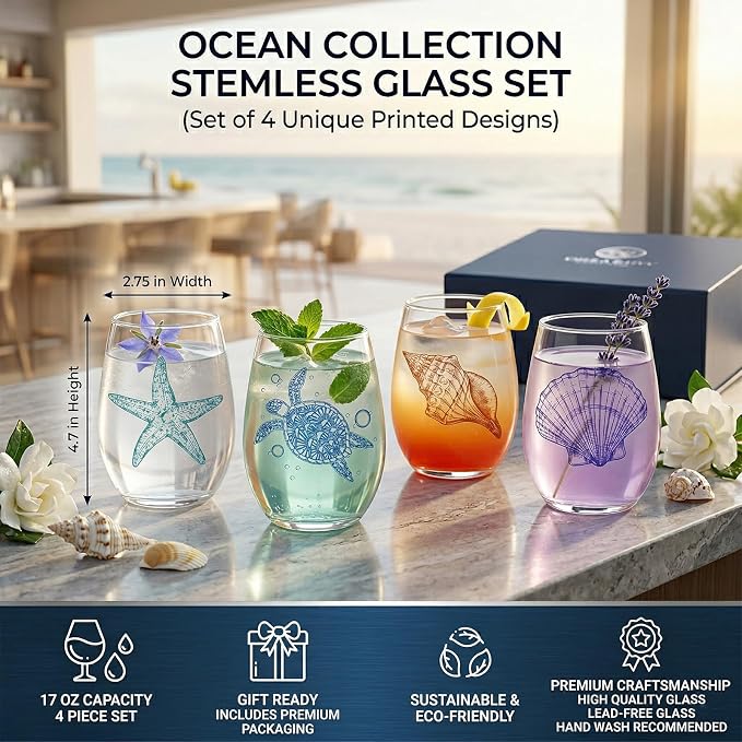 FACOYANS Ocean Themed Stemless Wine Glasses (17 oz, Set of 4) - Printed Sea Turtle, Starfish, Coastal Shell Designs - Beach House Glassware And Wine Gifts for Women, Mom, Birthdays