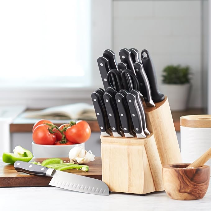 Amazon Basics 18-Piece Premium High-Carbon Stainless Steel Kitchen Knife Set with Built-in Sharpener, Ergonomic Handles, Pine Wood Block, Black