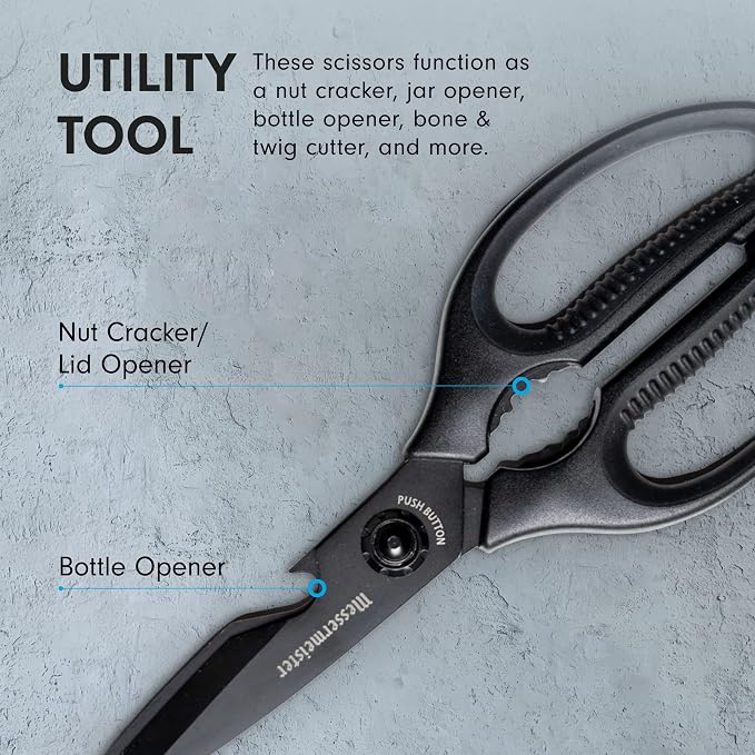 Messermeister 9-Inch Push Button Take-Apart Shears - High-Carbon Stainless Steel & Soft-Grip Handles - Includes Nut Cracker & Bottle Opener