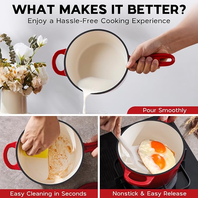 Onader Cast Iron Sauce Pan Pot, 1QT & 2QT & 3QT Small Saucepan with Lid, Enameled Cast Iron Dutch Oven Cooking Kitchen Pot, Nonstick & Heavy Duty – Red