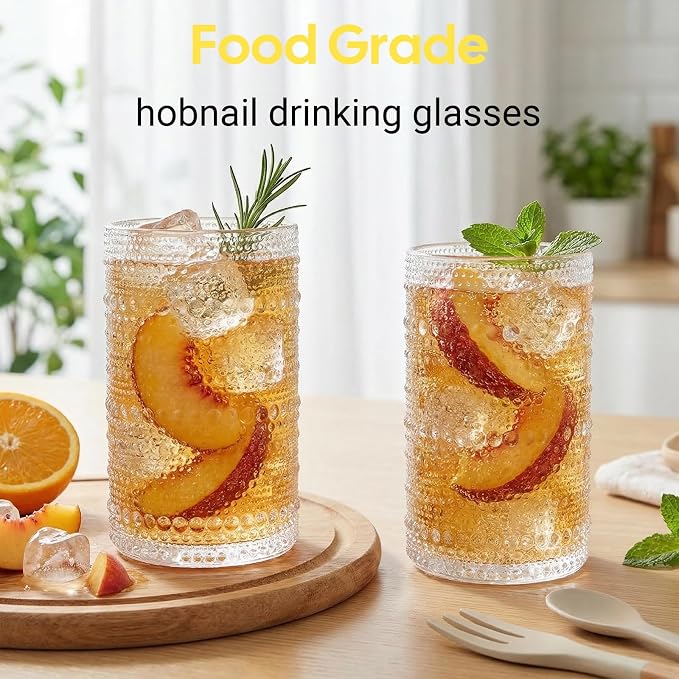 12 oz Hobnail Drinking Glasses, 6 Pack | Vintage Embossed Glass Tumbler Beverage Set for Juice, Beer, Cocktail, Whiskey