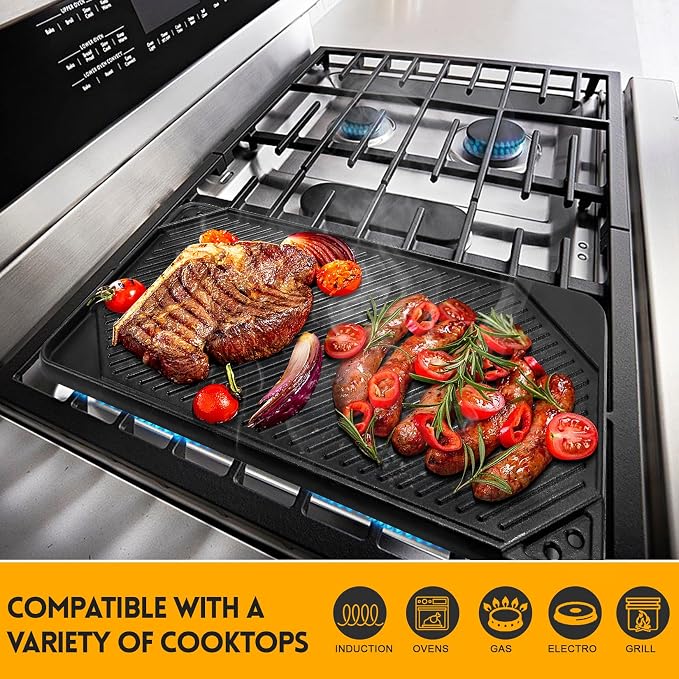 GGC Reversible Cast Iron Griddle, 20" x 10.5" Rectangular Griddle Pan | Double Sided Griddle Pan Perfect for Gas Grills, Stove Tops and Outdoor Cooking, Baking Flat and Ribbed Griddle Plate