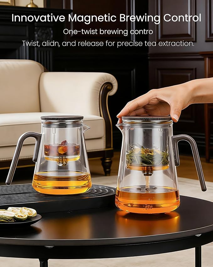 ZENS Magnetic Teapot with Infuser and 2 Cups, 34oz Magic Loose Tea Maker | Glass Magnetic Teapot, Echanted Tea Pot with Infusers for Loose Tea Steeper, Tea Lovers Gift, Walnut Pattern