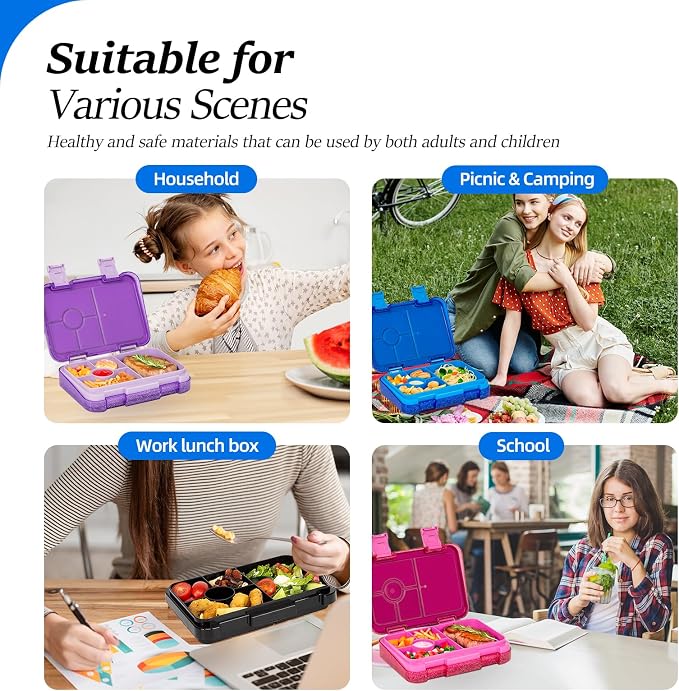 Bento Lunch Box, Snack Bento Lunch Containers Boxes, Shiny Blue | 5/6 Compartments, 3 Cups BPA Free, Dishwasher Safe, for Kids, Back to School, On-the-Go Meal, Ages 3+, School