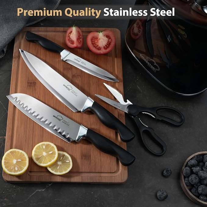 Knife Set, Amorston 14-Piece Kitchen Knives Set with Block & Sharpening Stone, Stainless Steel Dishwasher Safe, Knife Block Set with Ergonomic Handle, Professional Kitchen Knives for Home Cooking