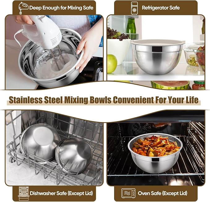 P&P CHEF Metal Mixing Bowls with Lids Set, Airtight Lids & Khaki | 5 PCS Stainless Steel Mixing Nesting Bowls for Kitchen Prepping, Storing, Healthy & Easy Clean, Size 4.6, 3, 1.5, 1, 0.7 QT