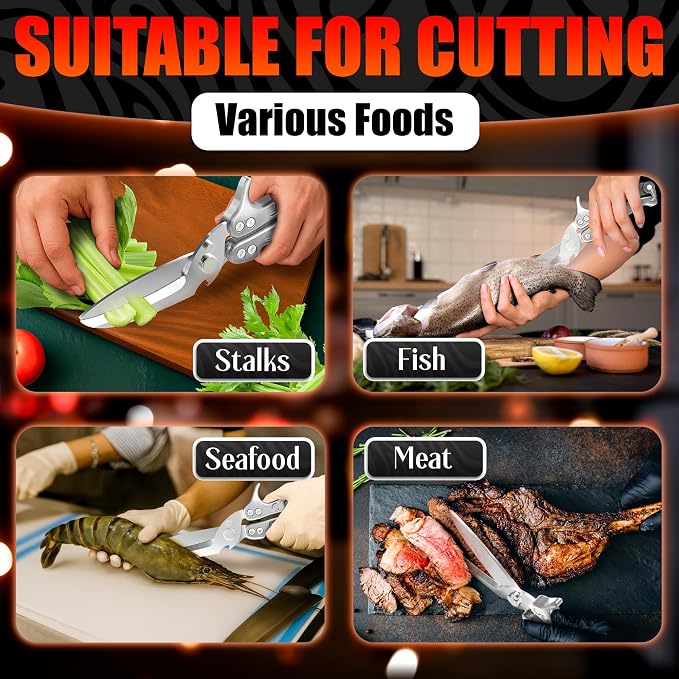 Kitchen Shears Heavy Duty, Safety Lock, Stainless Steel (Silver) | Poultry Shears for Chicken, Turkey, Spatchcock, Fish; Bone Cutting Scissors, Micro-Serrated, Spring-Loaded, Separate to Clean