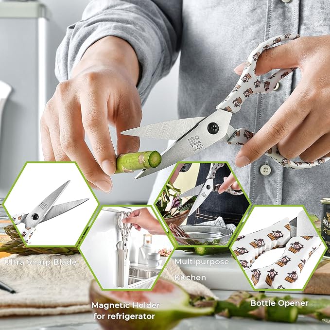 Kitchen Scissors Heavy Duty Kitchen Shears with Magnetic Holder Made with Japanese Steel 4034, Multipurpose Ultra Sharp Cooking Scissors for Meat/Vegetables/BBQ/Herbs/Pizza (Graphic,Cow)