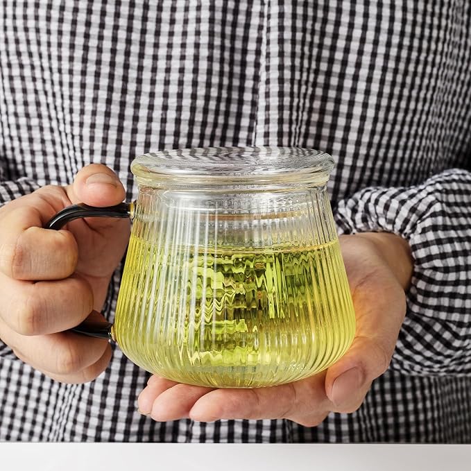 Glass Tea Infuser Cup with Lids and Handle for Blooming & Loose Leaf, 14oz | Borosilicate, Heat Resistance, Lead-free, Microwave & Dishwasher Safe