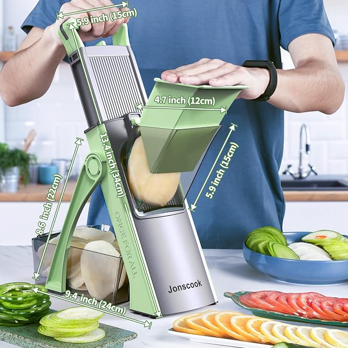 All-in-1 Safe Mandoline Slicer for Kitchen, Food Chopper with Container | 0.1-8mm Thickness Vegetable Chopper, Safe Mandoline Slicer, Potato French Fry Cutter Tomato Apple Slicer Onion (Green)