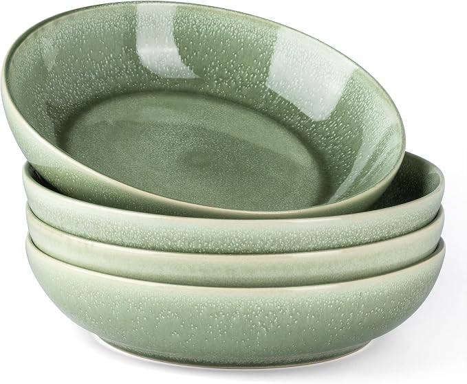AmorArc 8.5’’ Ceramic Pasta Bowls Set of 4, 36oz Large Stoneware Bowls Set | Large Dinner Serving Bowls Set, Wide Bowl Plate for Pasta,Salad, Soup, Microwave Safe, Reactive Glaze-Olive Green