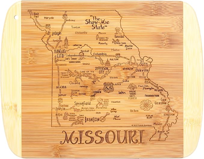 Totally Bamboo A Slice of Life Missouri Engraved Map Cutting Board | 11” x 8.75” charcuterie board with engraved state map artwork. Smooth reverse side for food prep. Hang tie for wall display.
