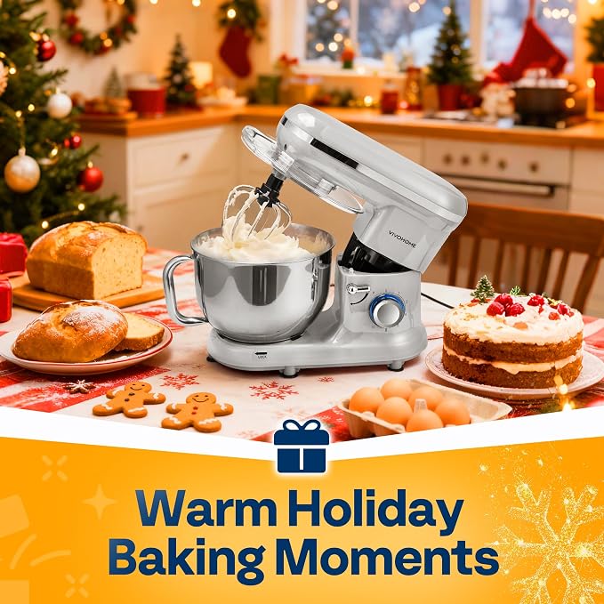 VIVOHOME Stand Mixer, 6-Quart Tilt-Head Kitchen Mixer with Bowl, Silver | 10 Speeds, Splash Guard, Dough Hook, Beater, Whisk, Egg Separator, for Cake & Bread