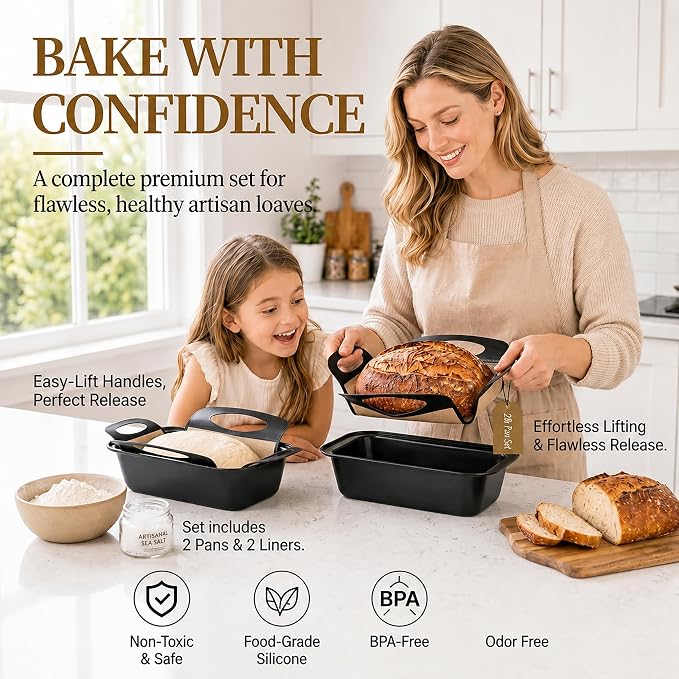 9x5 Loaf Pans for Baking Bread, 2-Pack Bread Loaf Pan Set with Silicone Bread Sling Liners, Nonstick Loaf Liners for Sourdough, Banana Bread, Homemade Bread