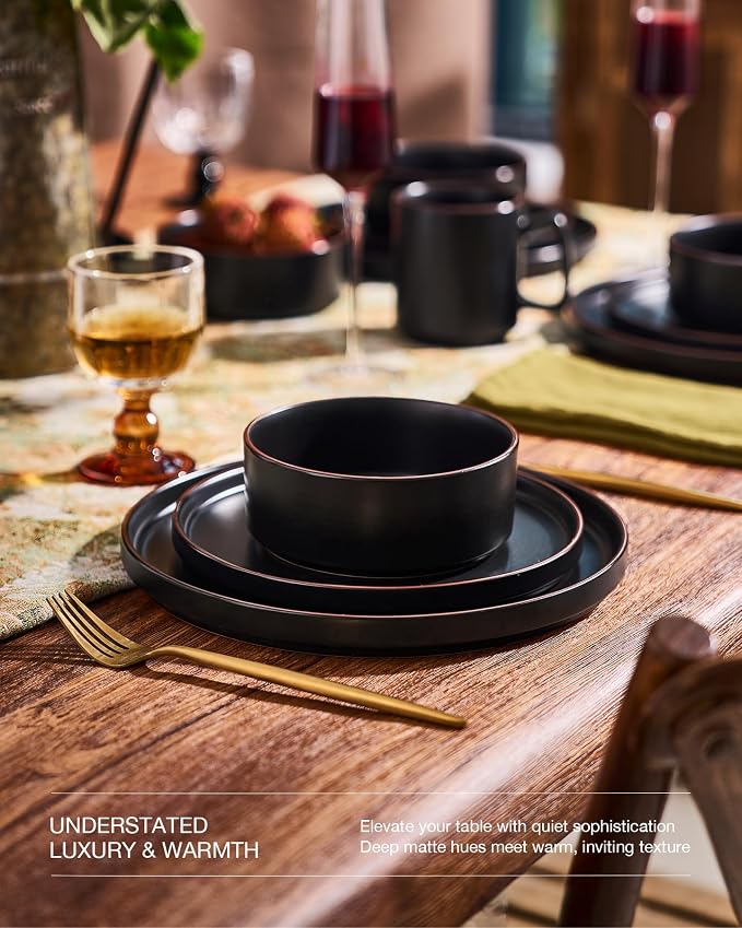 Famiware Nebula Ridge 18-Piece Stoneware Dinnerware Set, Matte Black | Plates and Bowls for 6, Warm Hand-Painted Rims, Microwave and Dishwasher Safe, Daily Essentials