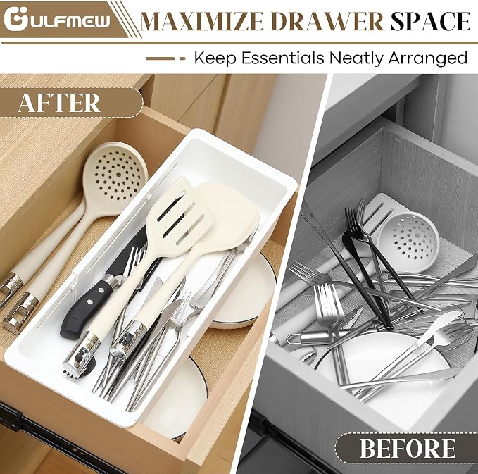 1 Pack Deep Drawer Organizer Adjustable Storage Bin(17.4-27.6") | Adjustable Width Design, Maximize Drawer Storage, Kitchen & Home Organization Solution