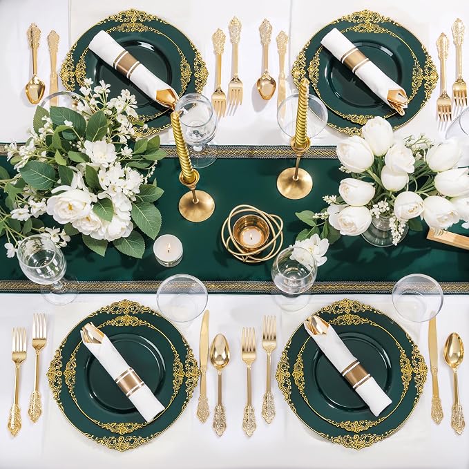 Nervure 175Pcs Green Plastic Plates, Disposable Party Plates for 25 Guests | 25 7.5" Dessert & 25 10.25" Dinner Disposable Plates, 75 Gold Cutlery, 25 9oz Cups, 25 Napkin for Wedding & Party, BPA-free