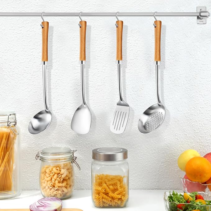 Pleafind 4-Pcs Cooking Utensils Set, Stainless Steel Kitchen Utensils with Wooden Handle, Kitchen Essentials Set Include Wok Ladle, Slotted Spoon, Wok Spatula and Slotted Spatula, Dishwasher Safe
