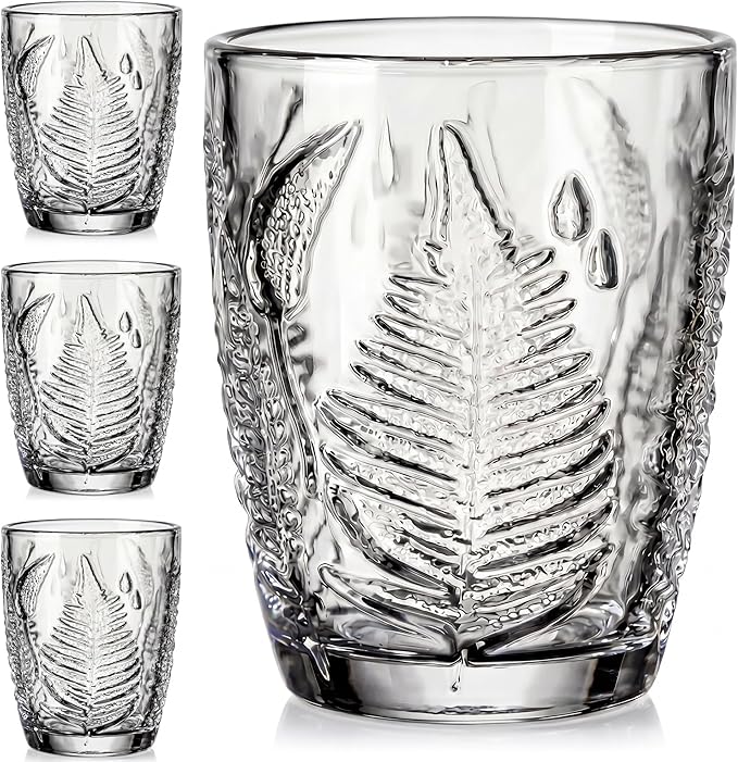 Clear Drinking Glasses Set of 4, 10 oz Glass Cups, Vintage Fern Glassware | Hand-Pressed, Dishwasher Safe, Boho Leaf-Textured Drinkware, Decorative Embossed Lowball Tumblers for Water, Retro Kitchen