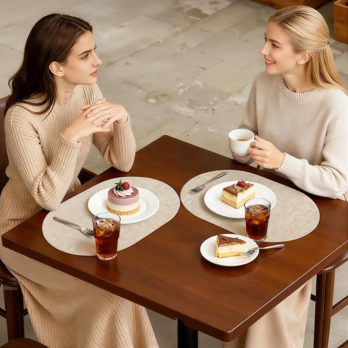 Placemats Set of 4, 11.8 x 17 Inch, Beige | Heat Resistant Oval Faux Leather Place Mats, Waterproof Wipeable Reversible PU Placemat, Indoor & Outdoor