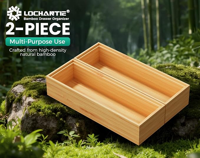 Bamboo Kitchen Drawer Organizer Boxes 9" x 3" Stackable Wooden Organizers | Set of 2 Wood Silverware Utensil Tray for Drawers Bins, Cutlery & Flatware Storage for Junk Drawer, Bathroom, RV