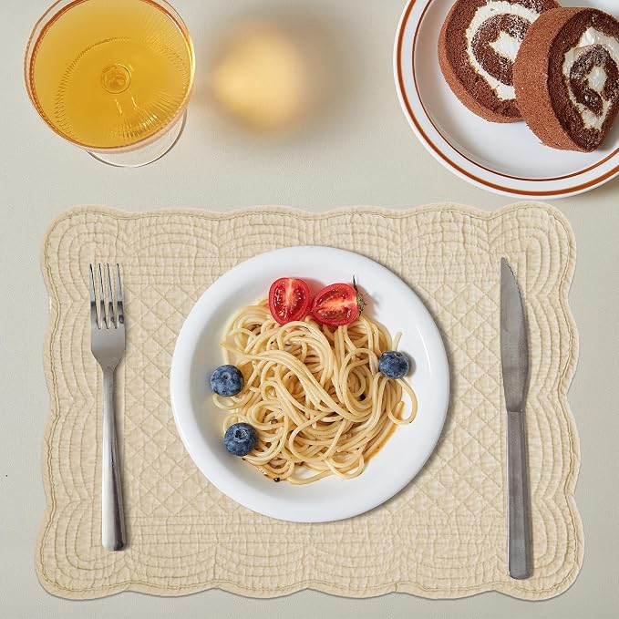 HOMBYS Quilted Placemats Set of 6 Washable-13x18 inches Rectangular Placemats for Kitchen Table-100% Cotton Fabric Rectangular Table Mats, (Light Brown)