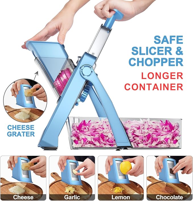 SupMaKin Upgrade Safe Mandoline Slicer,Multi Vegetable Chopper,Potato Slicer, Onion Chopper with Drain Basket Storage Container, Cheese Grater Kitchen Chopping Artifact (BlueGray)
