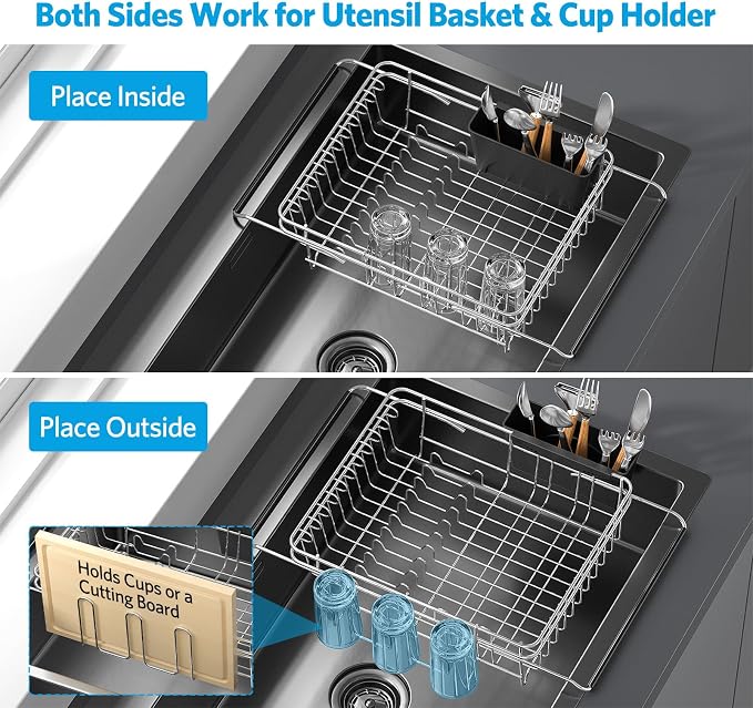 Delamu Over The Sink Dish Drying Rack for Small Kitchen | Expandable Stainless Steel in Sink Dish Drainer, Dish Rack for Kitchen Inside Sink with Utensil Holder, Rustproof, Medium