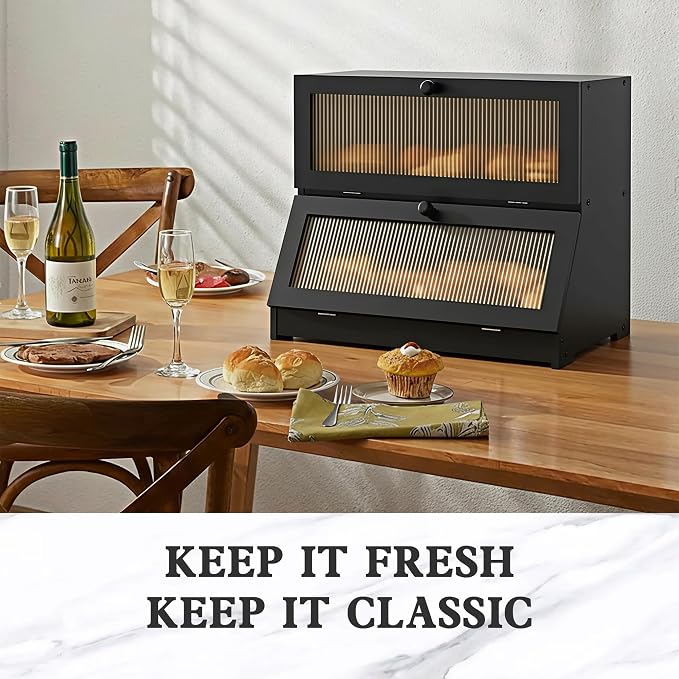 LOHASOK Bread Box for Kitchen Countertop,Black | 2-layer, Bamboo, Large, Farmhouse Bread Container Holder Storage, Acrylic translucent window