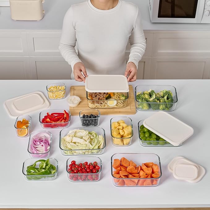 Glass Food Storage Containers with Lids — 4 Piece — 57.5 oz Glass with BPA-Free Leakproof Stackable Lids — Microwave, Oven & Dishwasher Safe — Ideal for Meal Prep & More - Vanilla Mist