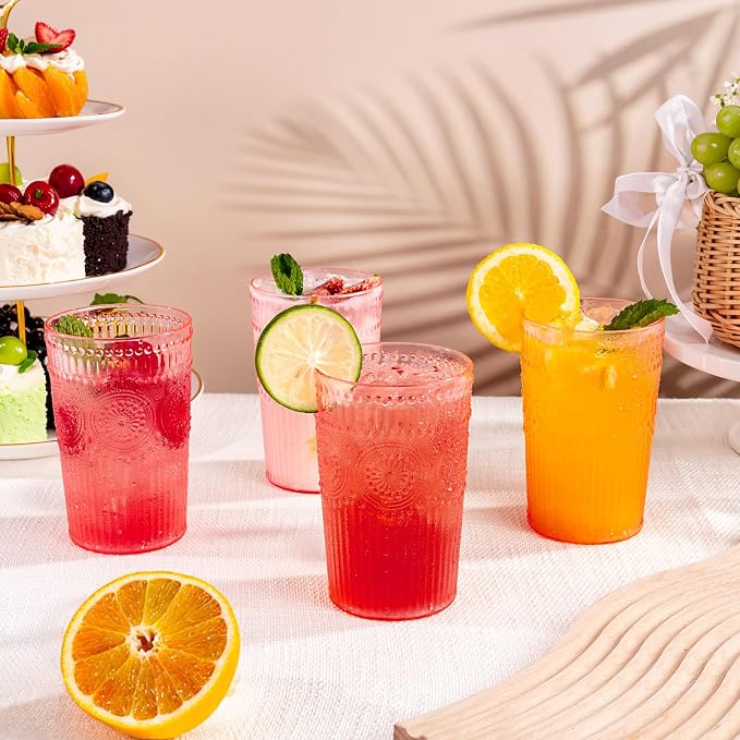Ciaell 12 Pack Pink Plastic Water Glasses for Parties | 14 oz Pink Embossed Ribbed Vintage Drinking Cups, Heavy Duty Plastic, Beer Juice Cocktails for Weddings Outdoor Brunch