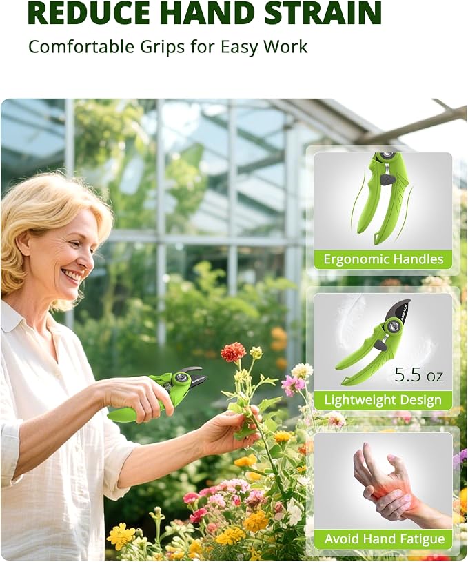 Garden Shears 6.9" Pruning Shears for Gardening Green | SK5 Stainless Steel Sharp Blades,Tree Trimmer Garden Scissors with Comfort Handle and Safety Lock,Gardening Hand Tools