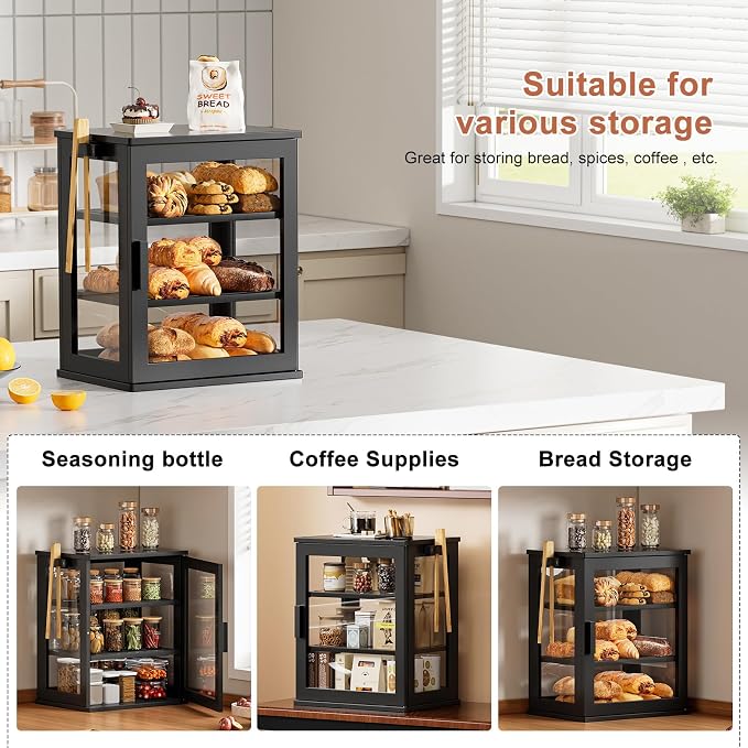 WOWLIVE Bread Box for Kitchen Countertop, 3 Layers Bread Storage Container | Large Bamboo Bread Bin for Homemade Bread with Window, Farmhouse Breadbox Organizer for Kitchen, Cabinet, Black, Meduim