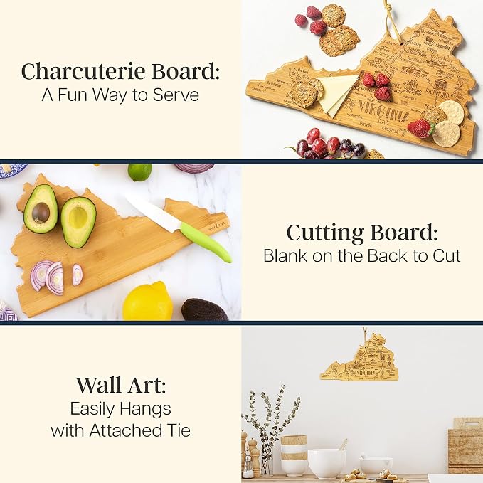 Totally Bamboo Destination Virginia State Shaped Cutting Board | State charcuterie serving board with engraved map artwork. Smooth reverse side for food prep. Hang tie for wall display.